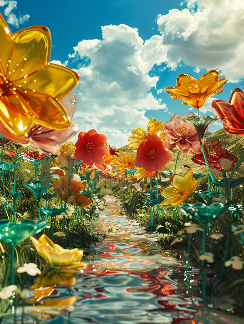 The scene is a semitransparent inflatable with a glass texture. It features huge inflated flowers with vivid colors, including red petals, yellow stamens, green leaves, and a sky with white clouds. The scene also includes an inflated meadow, a small stream nearby, and hills covered with lush pastures. The photography is dreamlike and high-quality, with 8K resolution and ultra-detail. The C4D scene is rendered with studio lighting for a realistic effect. It is a masterpiece with perfect anatomy and super detail, available in 4K resolution. The version is AR 3:4 with a version number of 6.0.