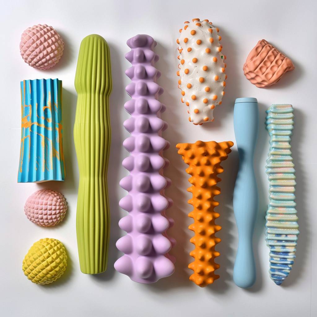 Ribbed and dotted texture rubber dog chew toys created by Michael Craig-Martin