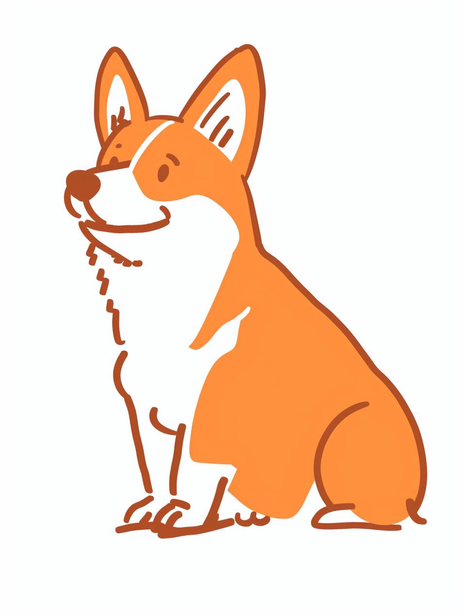 Simple and cute illustration of an orange and white corgi dog, using simple shapes in doodle style on a white background with bold hand-drawn lines, featuring a happy expression cartoon character design in the style of Ryo Takemasa.