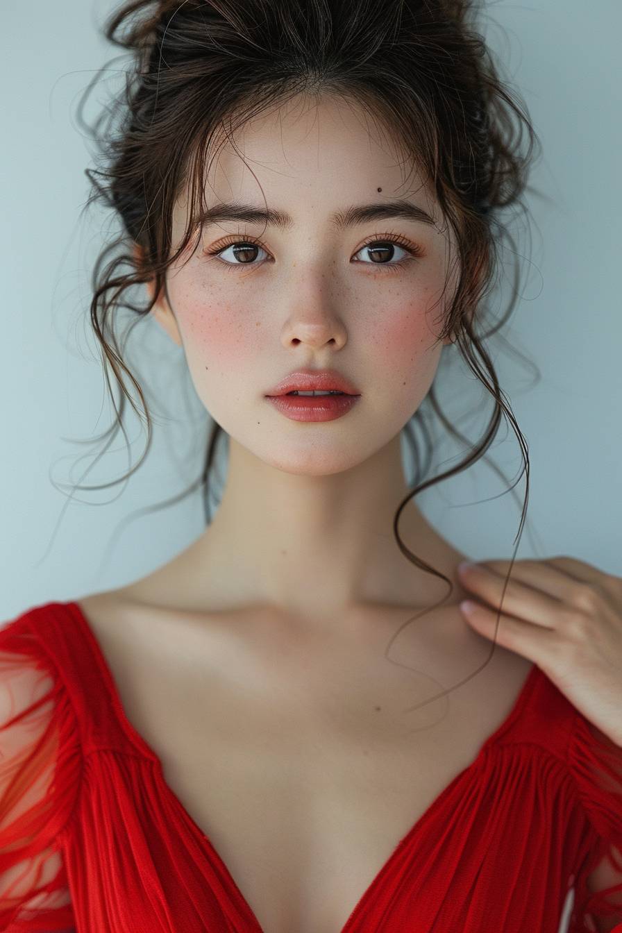 美しい中国の女性モデル、顔に手を当てて写真を撮影し、白い背景には赤いドレスを着ていて、肌の質感が繊細です。ソフトな照明と自然なメイクを施したクローズアップのスタジオ撮影です。写真は高精細で、主題にクリアでシャープな焦点が合わせられ、柔らかい影があり、明暗のコントラストが強くないため、非常に詳細な特徴が表示されています。