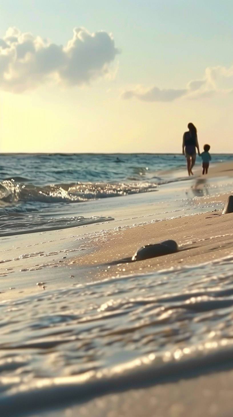 A mother and her child walking hand in hand along a sandy beach during sunset. The waves gently touch their feet, creating a peaceful atmosphere. In the style of a dreamy photograph.