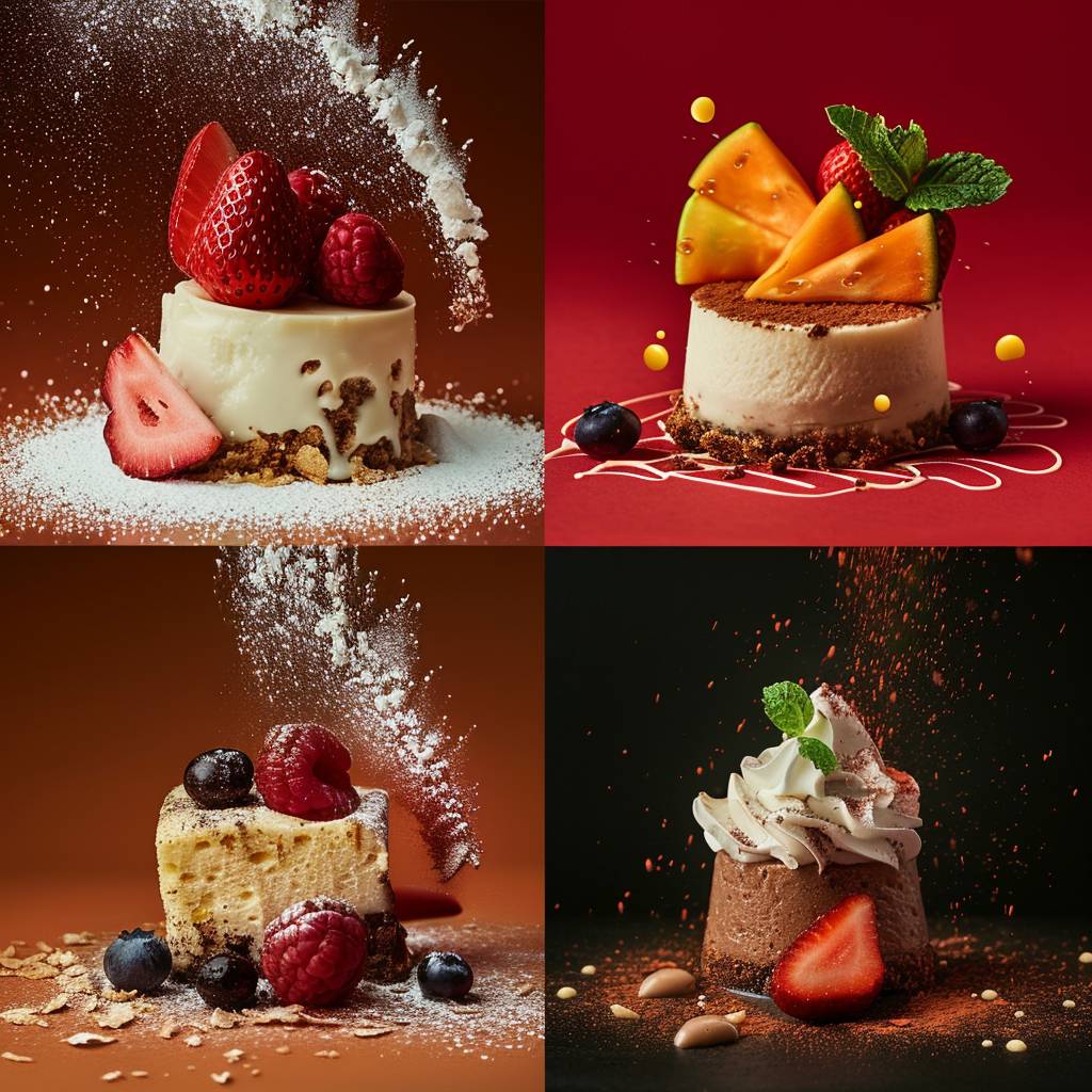 Four split panel photography of different desserts for a menu, food, dessert, healthy eating and diet concept, food photography, cinematic, realistic, studio lighting