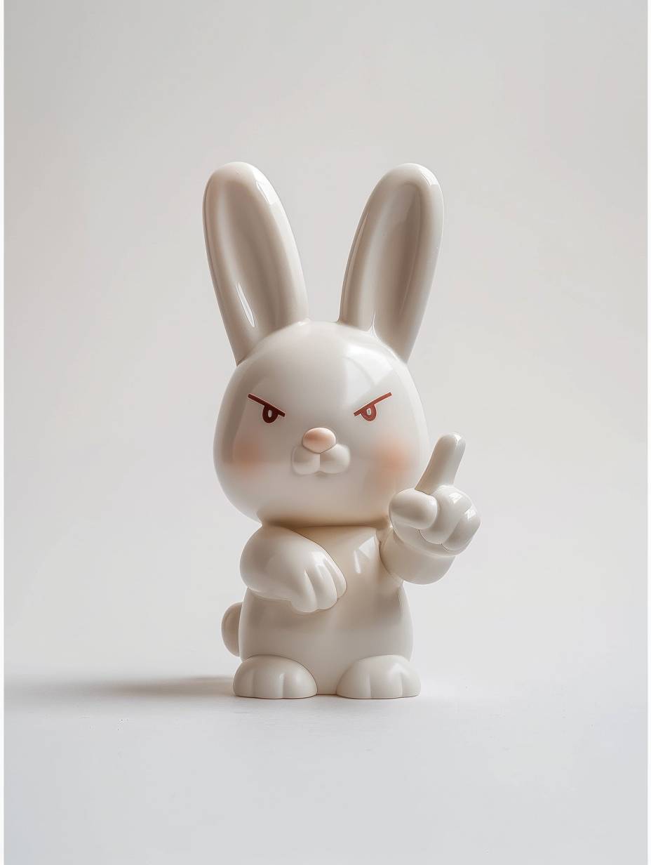 A cute simple vinyl toy depicting the hand gesture with middle finger up against a white background, in the style of Chris LaBrooy and Craig Mullins.
