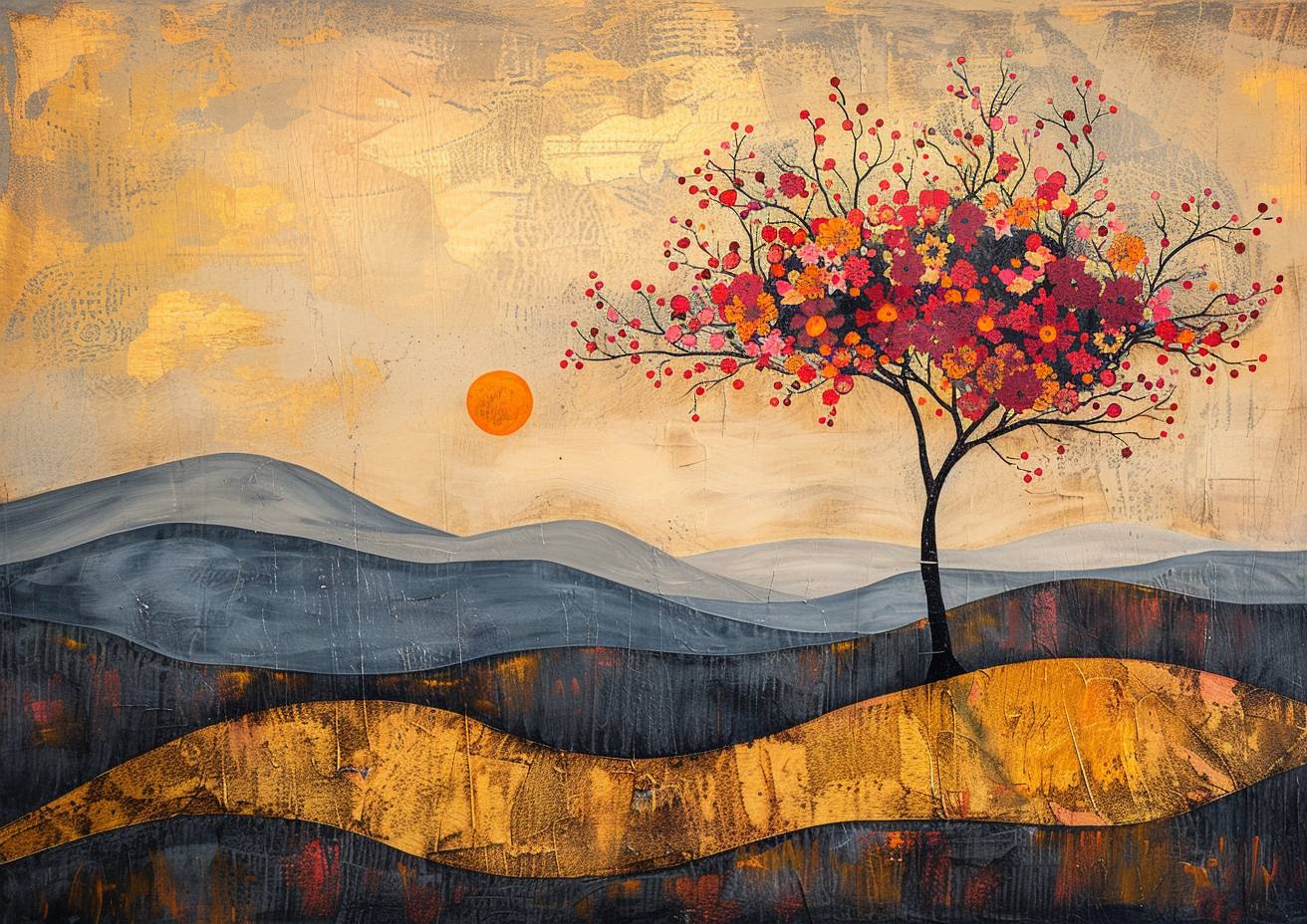 Minimalist abstract painting, a young wild cherry tree with colorful fruit, rolling hills, sunshine isolated in negative space, dry brushed with colorful chalk and charcoal, black marker outlines, gold foil accents, muted palette