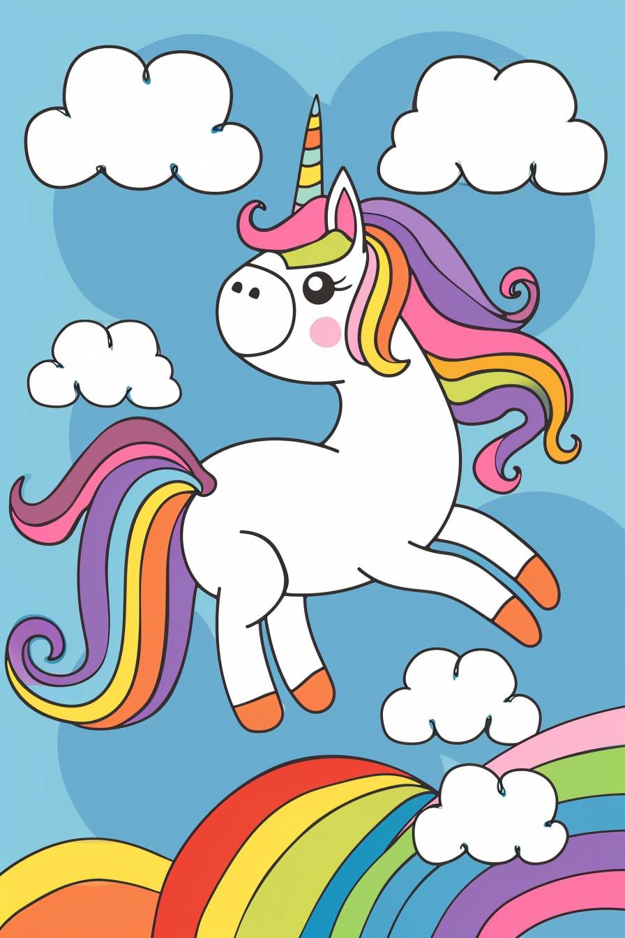 Simple coloring book for kids to color, featuring a little cute unicorn standing on a rainbow surrounded by clouds