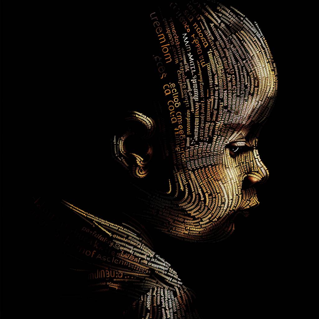 A portrait of a child made of words, in the style of vector illustration, golden light, high contrast, silhouette lighting, black background, typography art