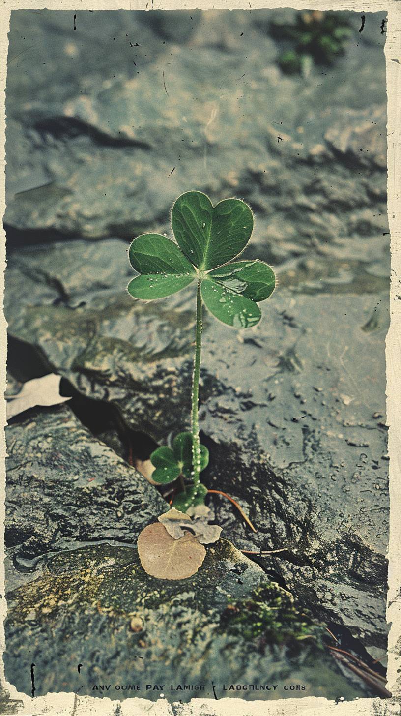 A vintage National Geographic photo of a four leaf clover being stepped on, distressed, torn and battered, washed up, in a wet rainy atmosphere, up close, detailed.