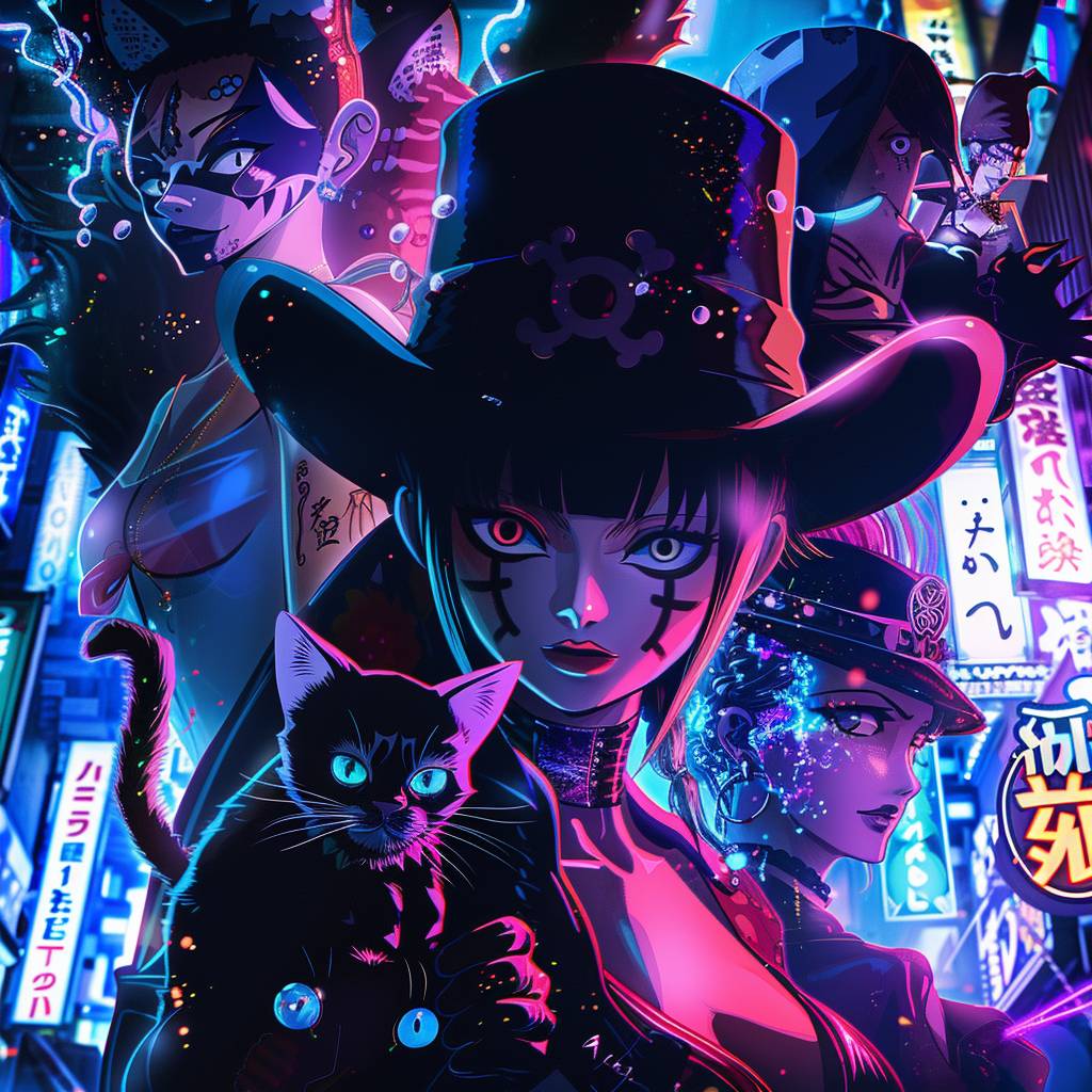 Colorful flat illustration, kittens cosplaying as One Piece characters in a realistic and cinematic scene with a deep color scheme, dramatic studio lighting, high contrast, cel shading, dynamic lines, fluid movement, professional-level detail, and advertising-style zenithal photography, drawing style influenced by Japanese artists, Niji, black outlines, cold blue neon color scheme, iridescent style, bright and reflective atmospheric light effects, holographic background, portrait shot--ar 3:5 --relax --v 6.0