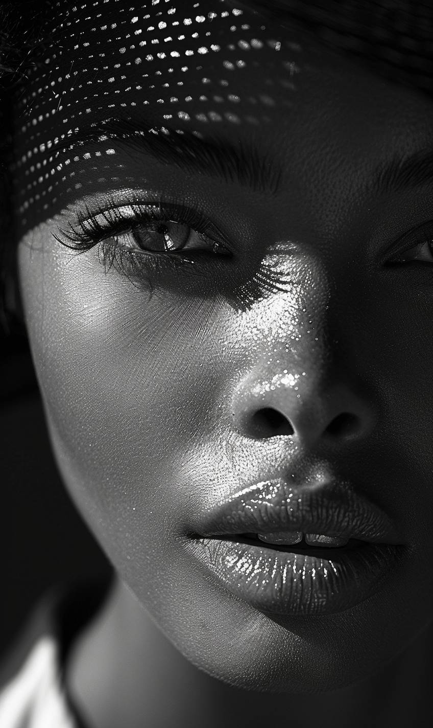 A black and white photo of a woman with shadow, done in a minimalist beauty style, with light bronze and bronze tones, serene faces, sharp edges, in karencore style, high definition, contrast shading, and a touch of realism.