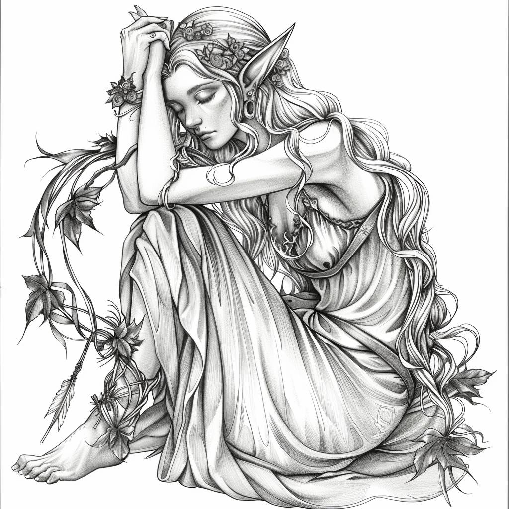 Black and white digital pen illustration of an ethereal elf, with long silver hair, wearing a flowing dress with leaf motifs, sitting on top of her bow with one hand resting on its curve, she has serene eyes, delicate facial features, pointed ears, wearing a circlet and earrings, high contrast, high detail, with inked outlines only, no shading, clean lines, isolated against a pure white background.