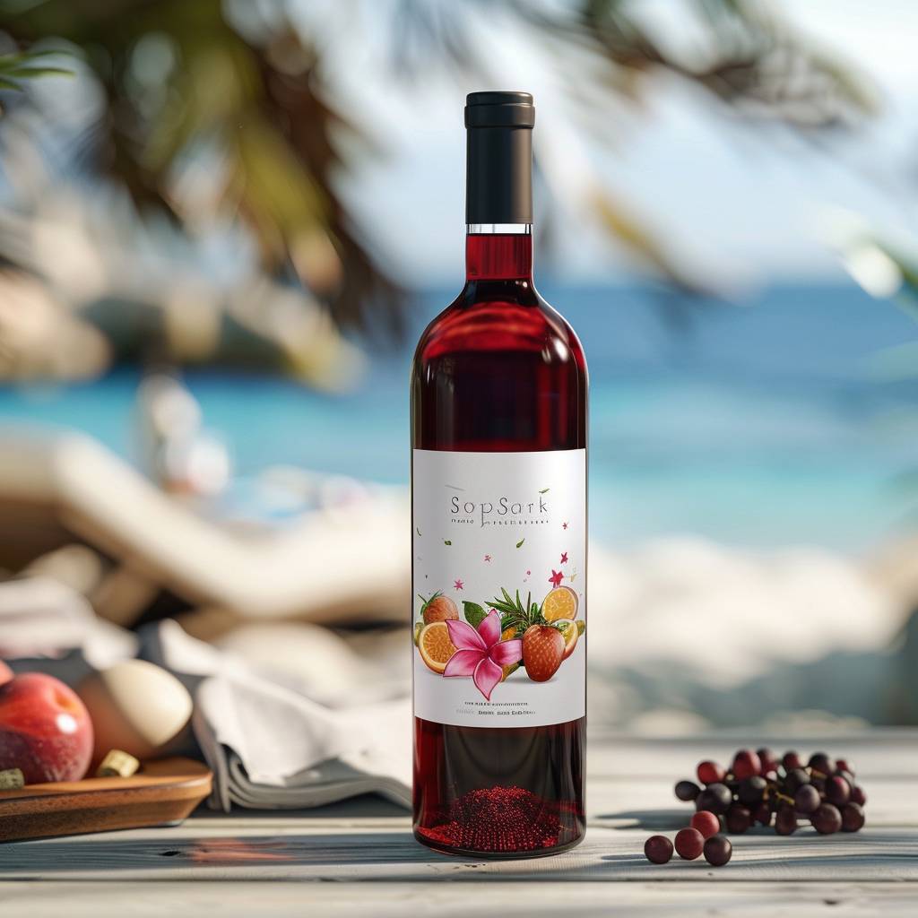 Sangria wine bottle label mockup on sunny beach table