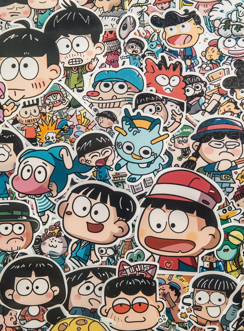 A sheet of various Crayon Shinchan stickers on a white background, with colorful cartoon characters and high-definition illustrations featuring cute expressions and multiple poses. The characters are depicted in different styles with simple strokes in the cartoon character design style typical of sticker art.