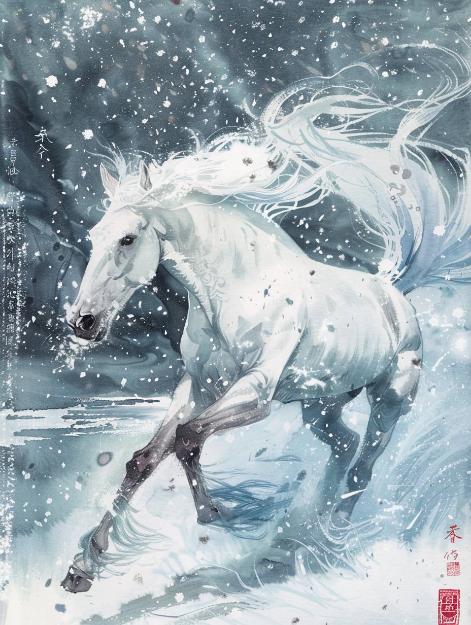 白い背景、中国の墨絵スタイル、風と雪の中を走る白い馬、氷の青い雪、観客に向かって、幻想的な要素を描いたシンプルな作品、誇張された透視構図、ミニマリストの線、古代中国の独特な風味を醸し出しています。中国の詩と赤い印章があります。