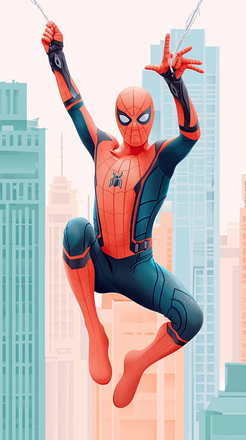 A vibrant illustration of SpiderMan swinging through the city, capturing his dynamic and iconic pose in full view. The background features tall buildings with clear skies above. This artwork is presented as an ultra-high definition image for detailed depiction, with intricate details on both the character's costume and urban environment. It has been created using digital art techniques to emphasize realism and texture, focusing on the face. The illustration is in the style of a realistic digital artist.