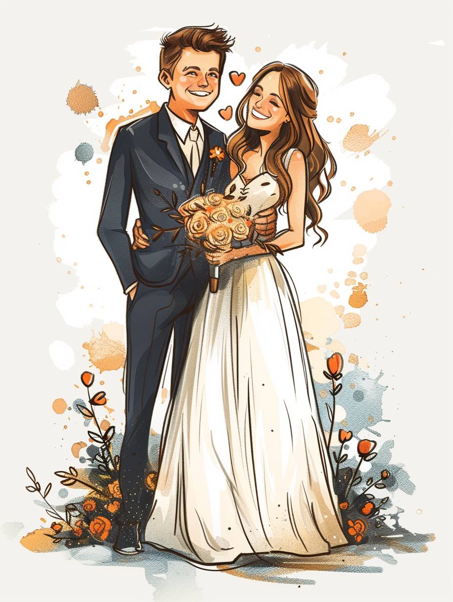 Modern Line Icon, a wedding drawing that shows the groom and bride, full body, Cute Avatar, Smiling, Bold Outline, Bold Color, white background