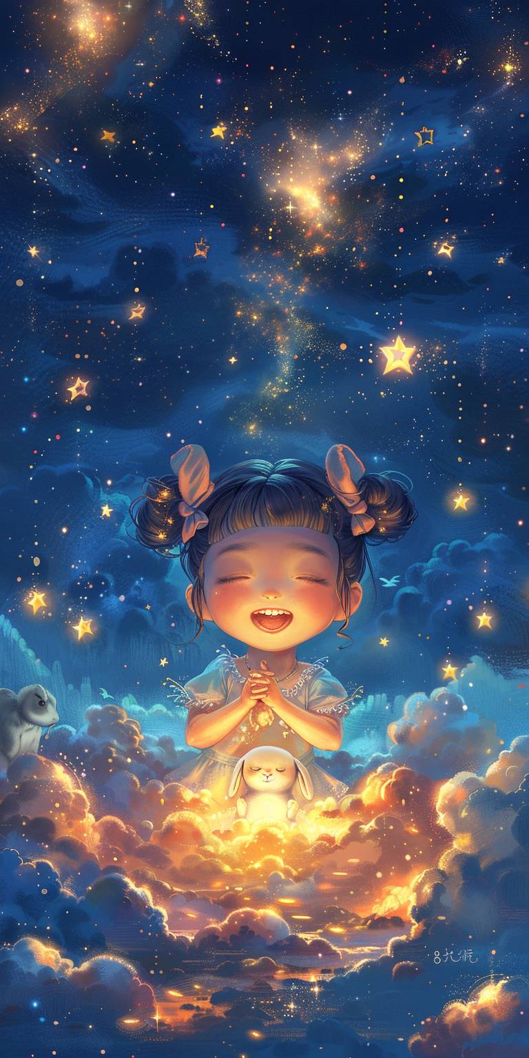 Hand-drawn, cute little girl on a sea of clouds, baby face, laughing, with two hair buns, holding a white rabbit, stars in the sky background, blue and yellow, intricate, 8k niji 5