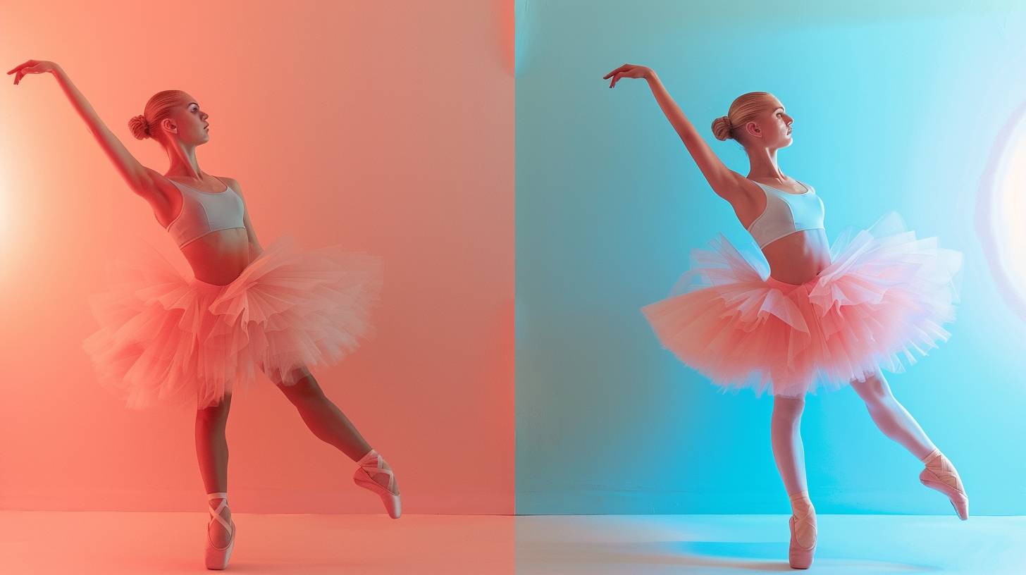 The left side of the image is empty, simple background, bright colors, high saturation, no text. No objects in the left side of the picture, all objects on right side of the picture. Graceful ballet dancer, gradient color background, photography settings --ar 16:9 --v 6.0.