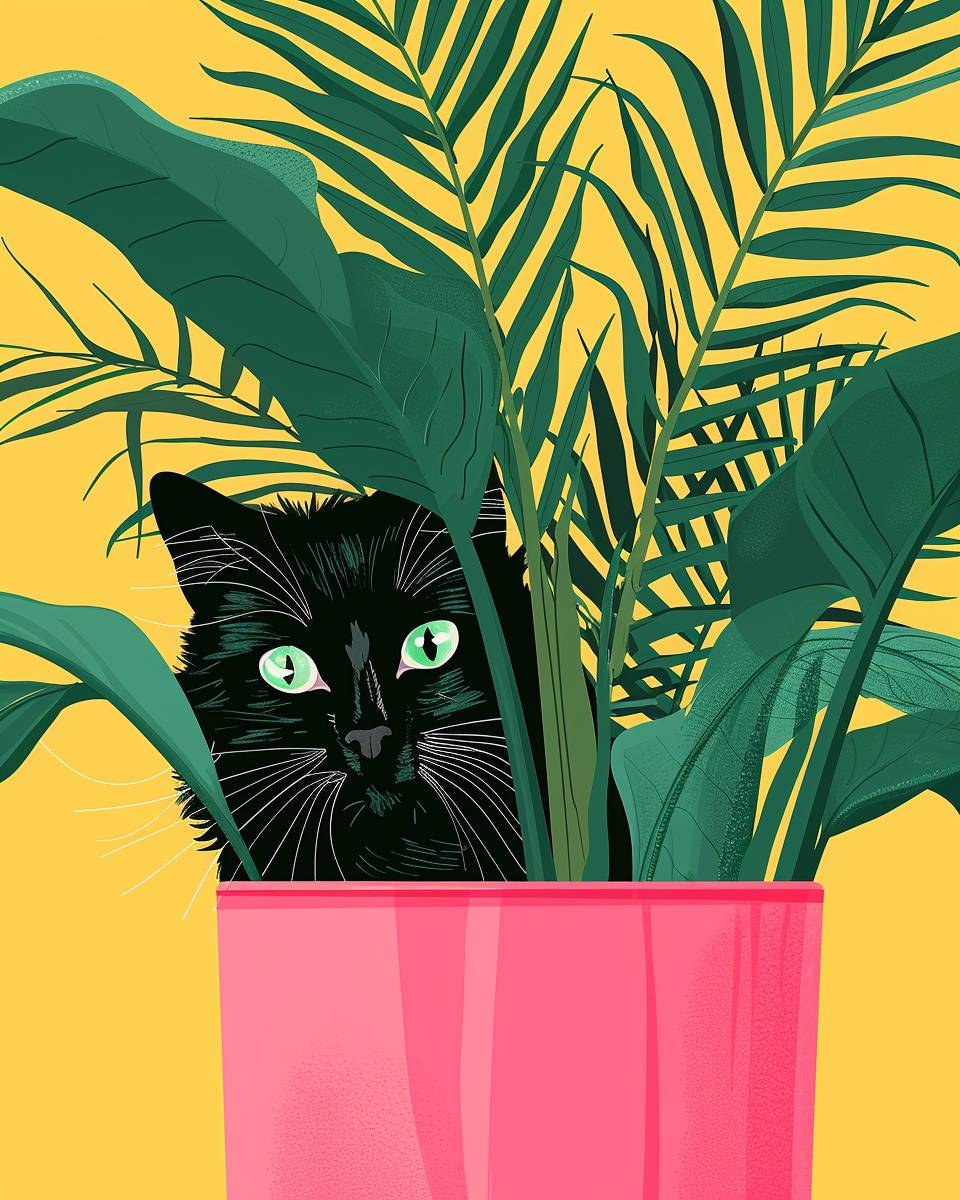 cute illustration, black cat hiding in a pink vintage pot with vibrant colors, lush leaves