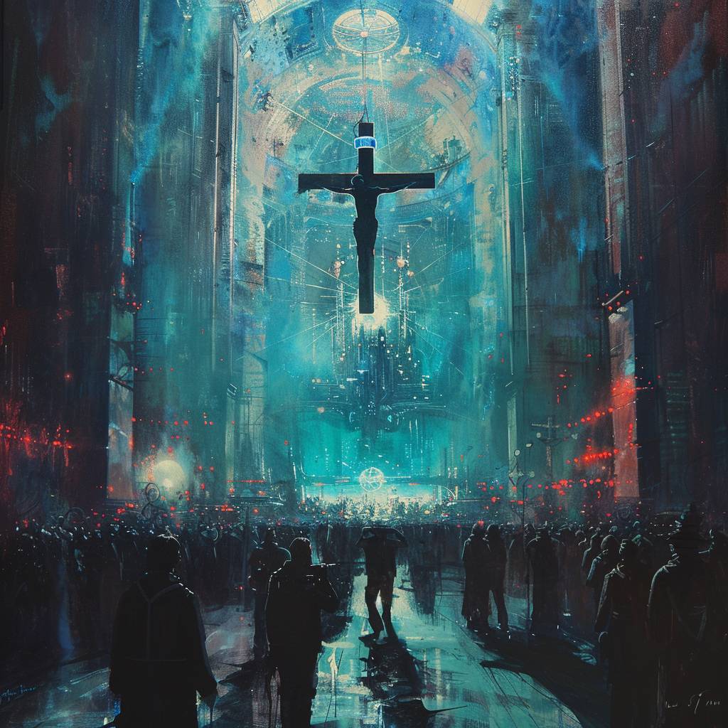 An out-of-this-world impressionist oil painting depicting an awe-inspiring cyber Christ hanging from a techno cross. Jesus on the cross is adorned with intricate futuristic cybernetic implants and faces a congregation of exulting believers who worship him. The crowd stands in adoration, hands raised, inside a massive futuristic techno cathedral. The mood is futuristic, ceremonial, and grandiose with elements of cyberpunk, sci-fi, and neo-futurism. Dark ambiance, light rays shine through tall stained glass windows, providing volume lighting, dramatic lighting, and cinematic lighting effects. The artwork is an evocative representation, in the style of Claude Monet, showcasing technology as the new faith of humanity. It portrays people praying at the altar of technology to a techno Christ with a traditional impressionistic touch. (Note: Parameters such as wings, mockup, bad anatomy, text, signature, watermark, username, low resolution, worst quality, low quality, JPEG artifacts, blurry, cropped, and badly framed are not included in the artwork description.) Aspect ratio 5:7, contrast level 70, seed 09493571, size 600, version 6.0.
