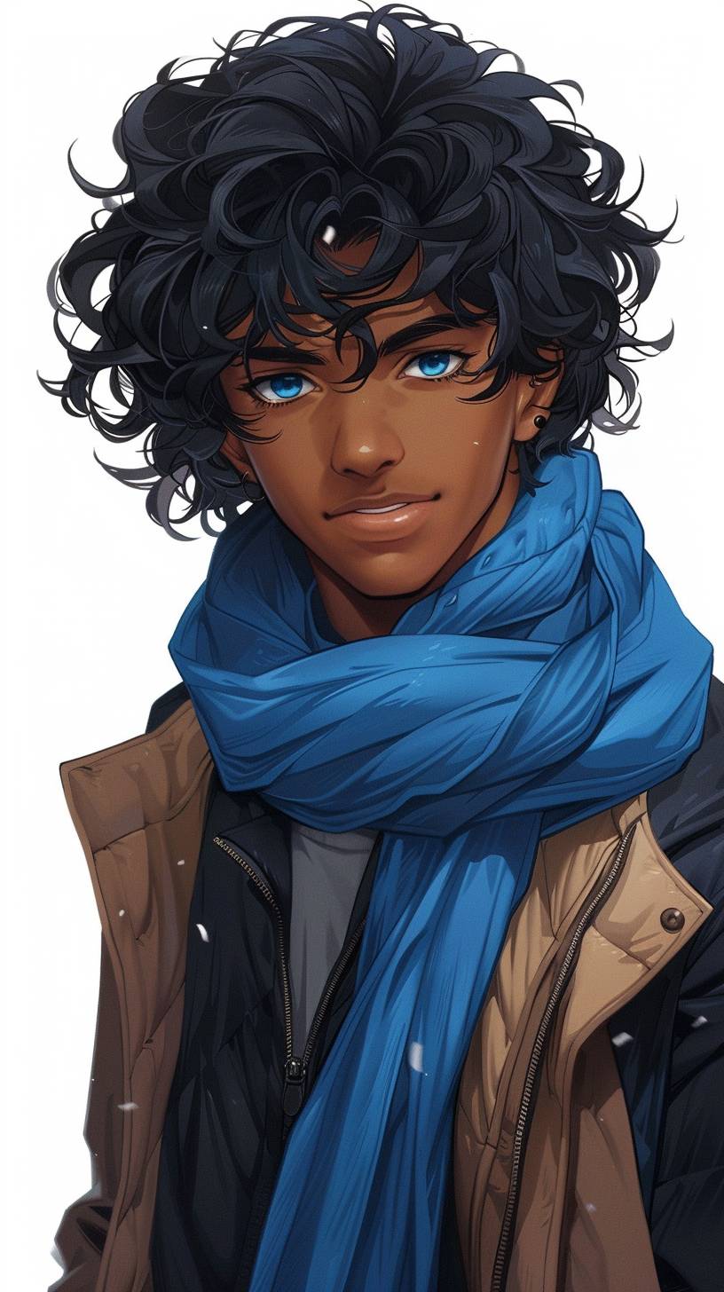 A young and handsome African American in his early twenties, with shoulder-length black wavy and curly hair, including three bangs. He has blue eyes and is wearing a black shirt with long sleeves, blue vest, and blue scarf. The portrait is anime-style, and he is smiling with a laid-back personality, with a smooth face.