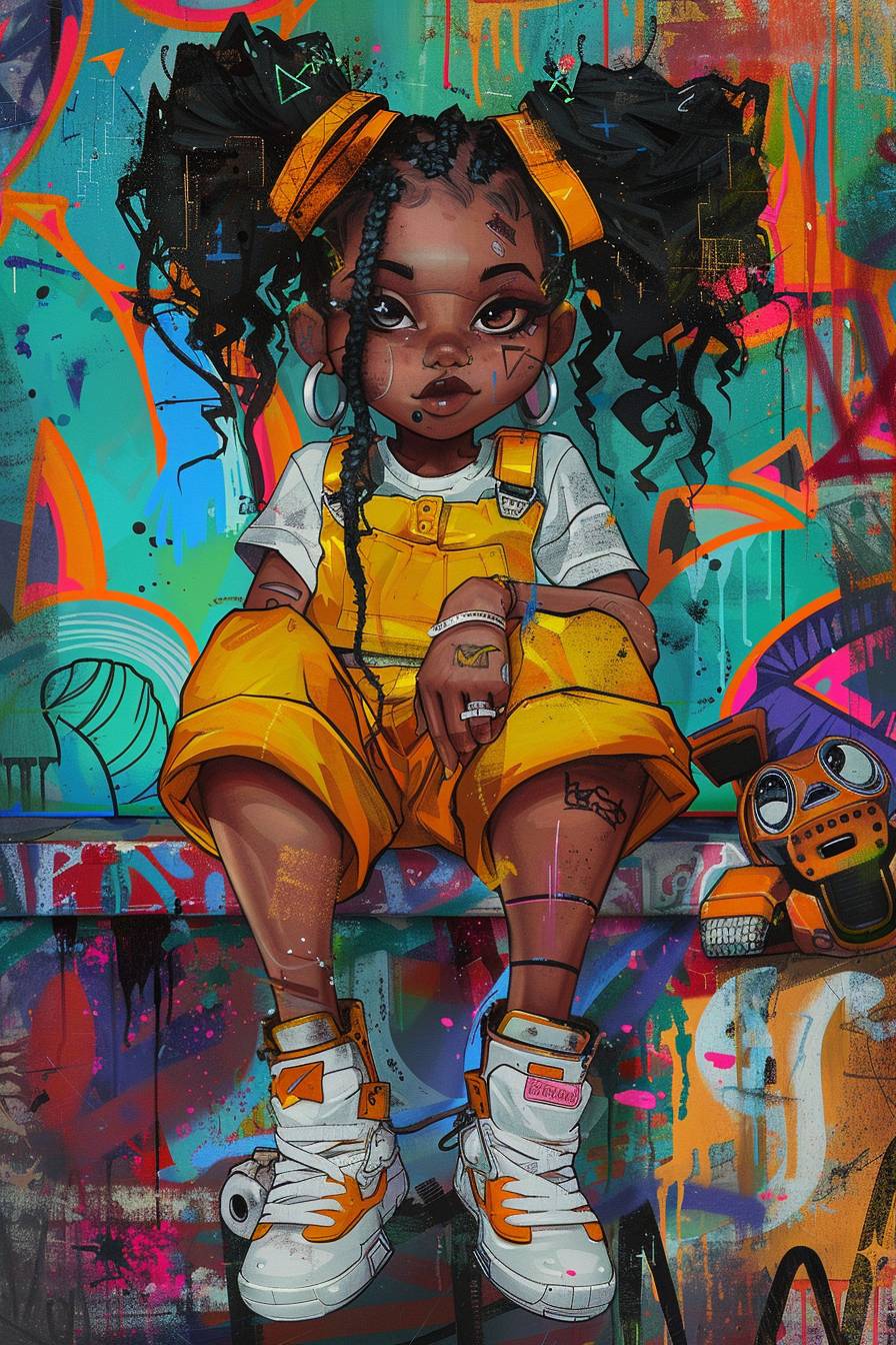 A captivating anime-style digital painting of an African American girl with rich melanin-toned skin, sitting on a vibrant graffiti-filled bench. She dons a stunning yellow romper and white sneakers, her curly pigtails framing her full lips and expressive bionic eyes. Her face is adorned with fluffy lashes and black dreadlocks, and her robotic limbs are intricately detailed. A lively robot dog, also featuring robotic limbs, sits beside her. The background bursts with a colorful, airbrushed explosion of hues and shapes, evoking an energetic and futuristic atmosphere.