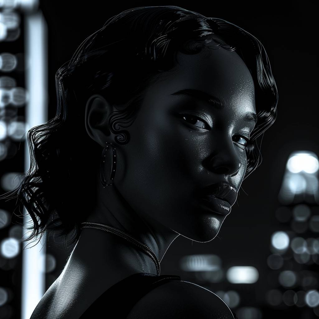 映画のショット[肩までのウェーブのある美しい黒人女性]、夜の[屋上]、[街の光をじっと見つめる]、人工の街灯とドラマチックな照明、[中景]、デュオトーン、ターコイズと赤、緊張感のある雰囲気、Cinestill 50D、詳細な構図