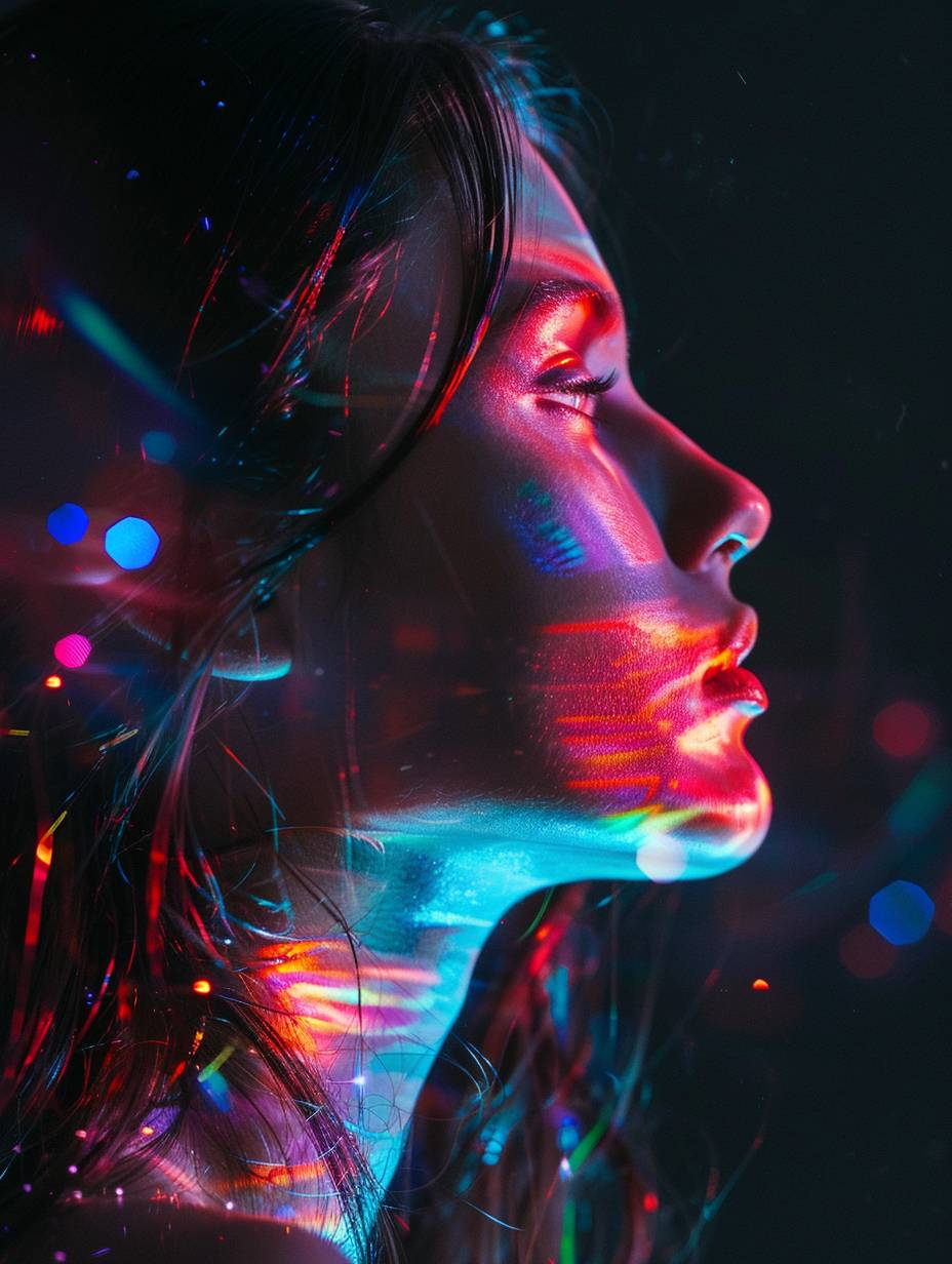 A portrait of an attractive woman, side profile, holographic colors, colorful lights