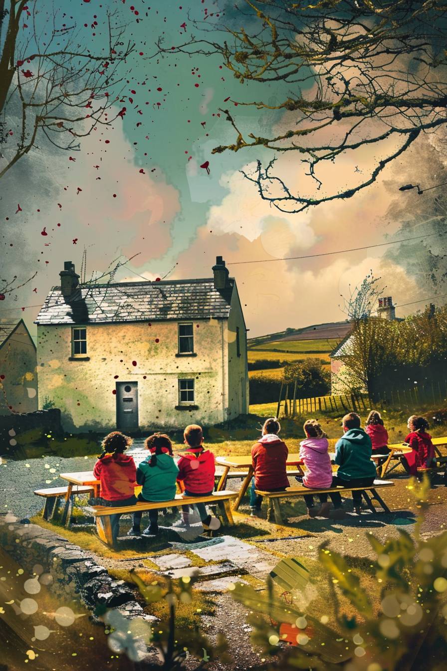 Rural irish school in the west of Ireland with a small gender diverse class discussing Electric Vehicles and the sustainability of them. Make this image generated applicable for a book cover.