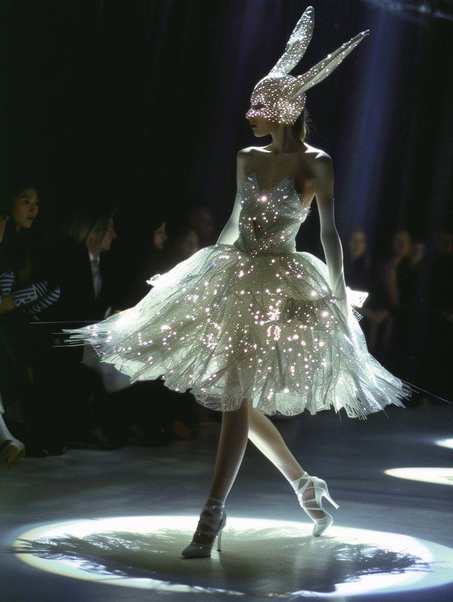 90's fashion bunny runway show easter season, by Iris Van Herpen bridal gown couture fashion luxury, glitter white, bunny modells with bunny ears dresses made of glitter and fine materials, glittering, inspired by a sci-fi movie, Iris van Herpen, full body, film camera, wide angle, 14mm.