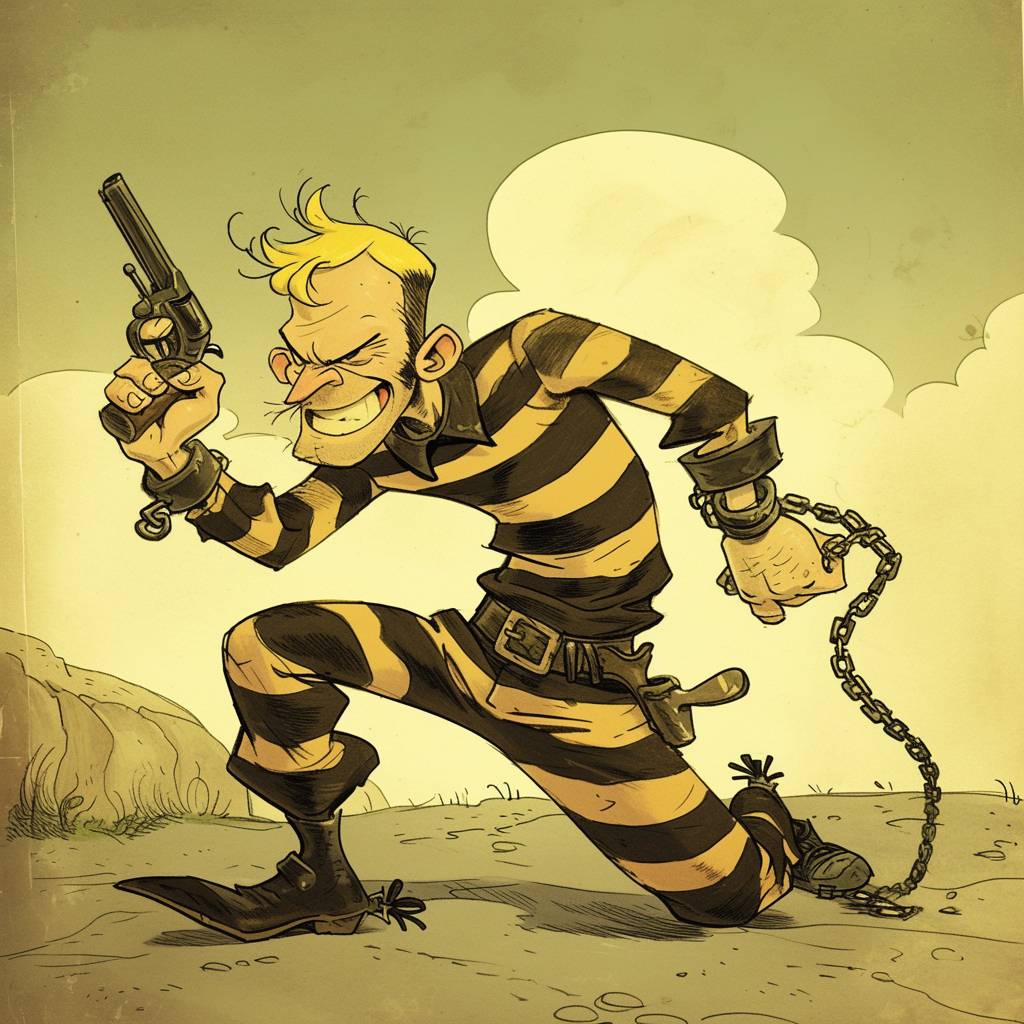 Cartoon drawing of Joe Dalton, an angry prison escapee wearing a black and yellow striped jumpsuit, holding a revolver in one hand with a chain wrapped around his ankle. He looks angry but smiling, no realistic human face, Wild West background, vintage cartoon feel, with a touch of adventure exuding charm and simplicity in the style of Hergé’s Tintin comics.