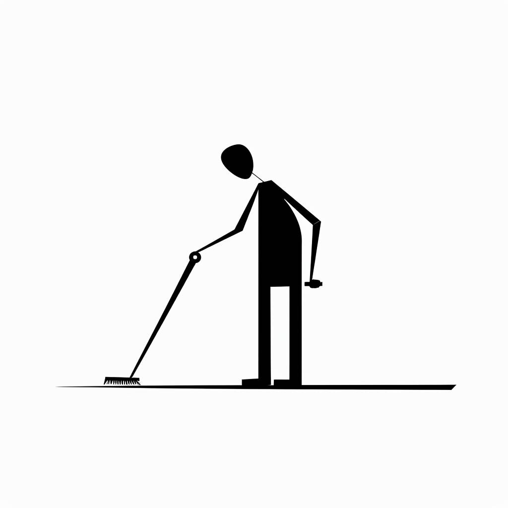 A simple, minimalistic image single using figure with clean lines and high contrast. The background should be white, and the figure should be black with black outlines. [Desk cleaning chores], minimal style --v 6.0