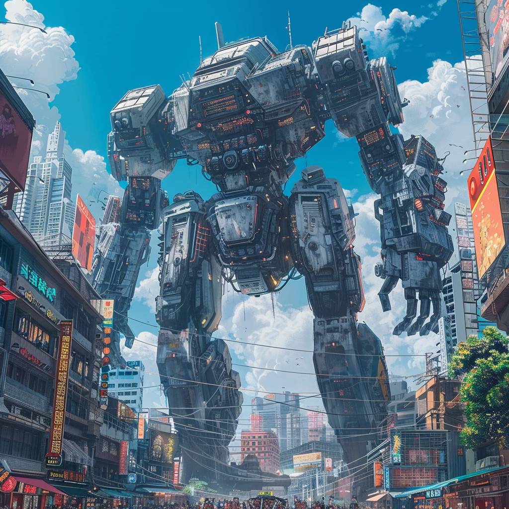 Gigantic mecha looming over cyberpunk city on sunny day.