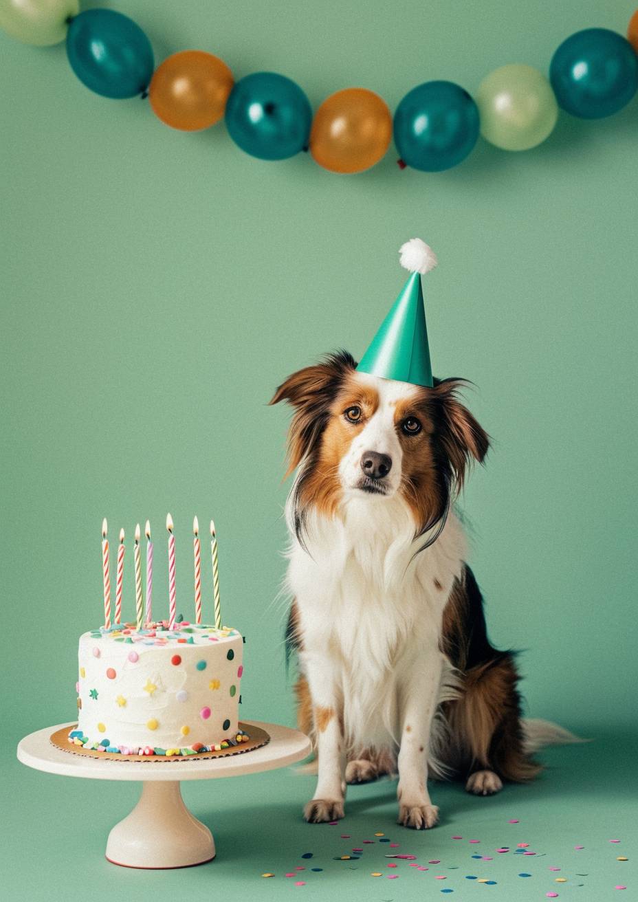 誕生日ケーキの隣に帽子をかぶった犬が座っており、緑の背景には、ライフルペーパーカンパニーによるシンプルでミニマリストなデザインです。