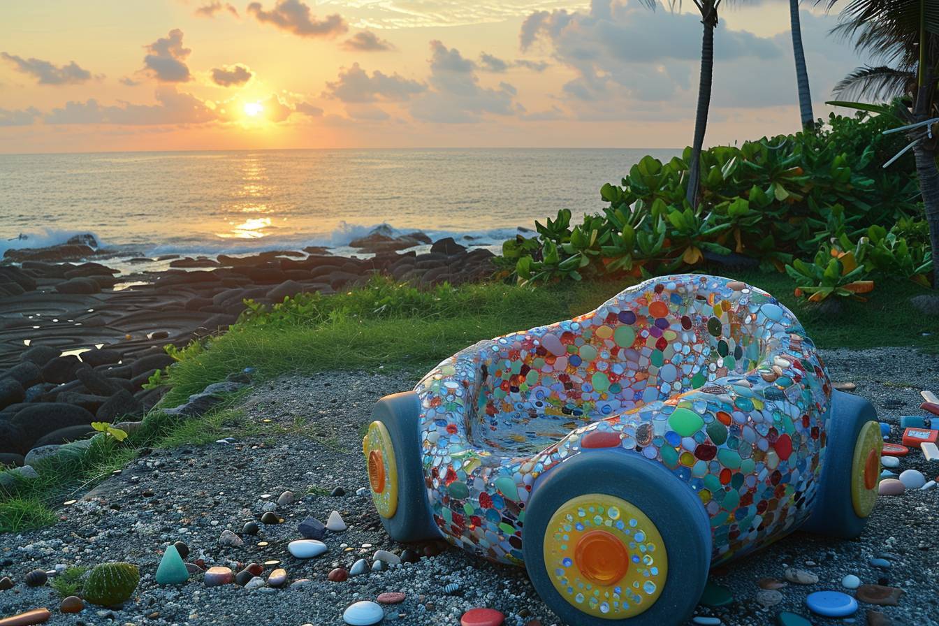 A mosaic sea glass sculpted beach buggy, artistic and framed to radiate and illuminate the refractions from the glass in the morning hours, organic sculpted with ultimate comfort and style, beach adventures at sunrise on an alien planet lined with flora and fauna surreal in nature.