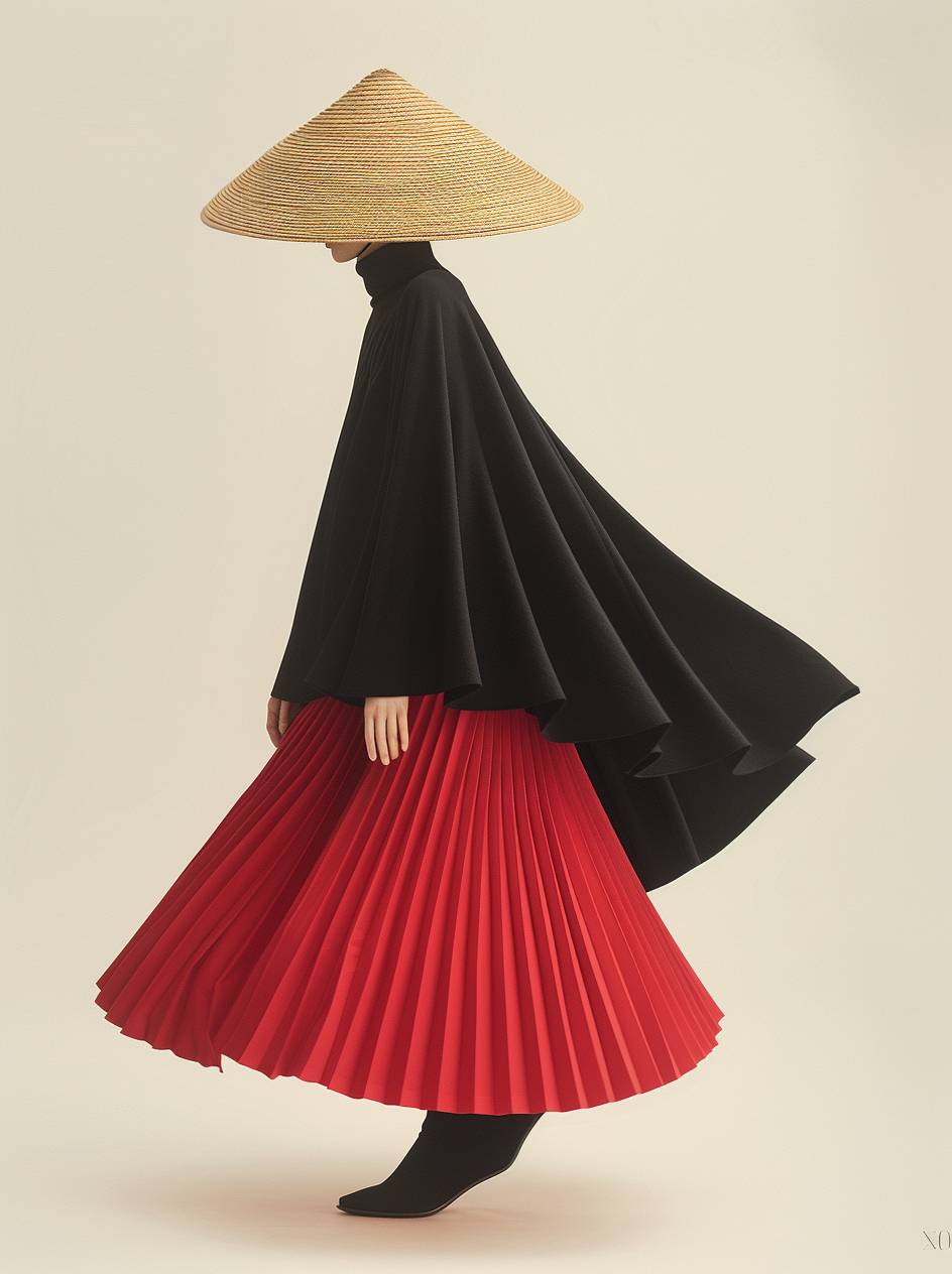 Minimalist style fashion photography for fashion magazine cover, model wearing oversized black cape and red pleated skirt walking down runway, wearing conical hat made of straw, facing forward in fashion pose for full body shot, solid color background, studio lighting, High-resolution photography, using Lomography color negative F476/30 film in Hasselblad X2D 100C style to capture ultra-realistic photos with grainy textures.