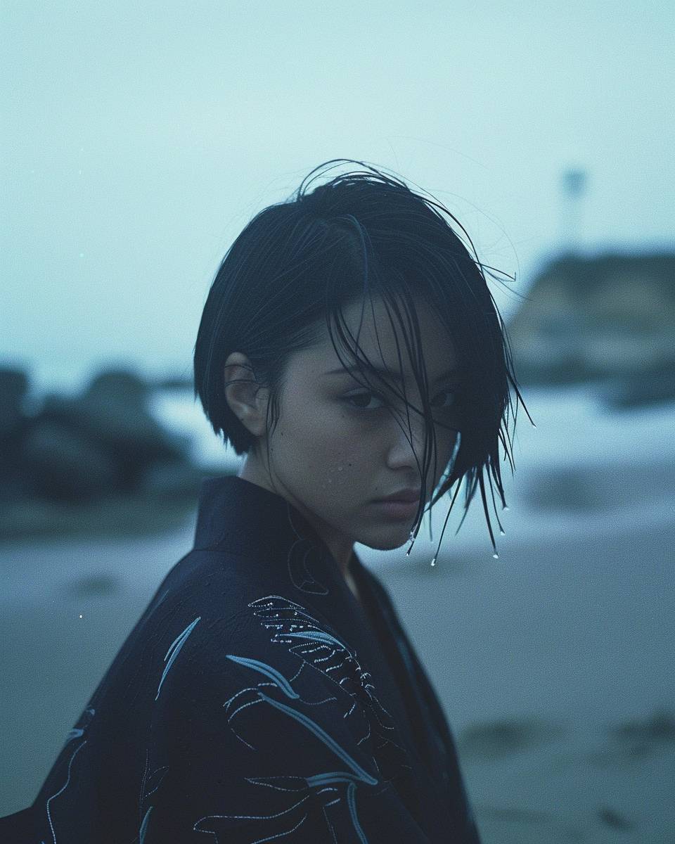 A photograph of a young adult Asian woman with short black hair, wet hair look, intense gaze, wearing a black embroidered kimono, sitting on a sandy beach with rocks in the background, overcast lighting, cinematic atmosphere, high resolution, film grain effect