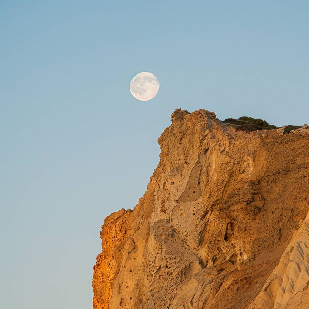 photography, gibbous moon, 200 ISO, f/8, in the style of giant moon, cliffs by sunset::0.5