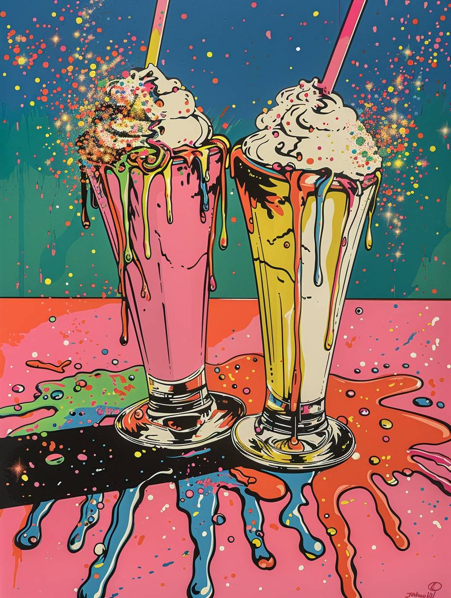Lino cut of a scene of a multi-colored spilled milkshake on its side on a table top, bright pink table, glitter background, bright colors, fun, hyper realistic, colorful, fine art print