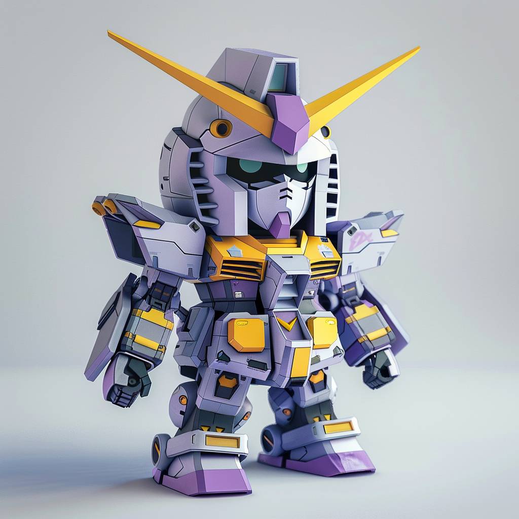 Gundam in the color purple, yellow and grey, Plush doll art, Light background, Soft colors, 3D characters, minimalist, cartoonish --relax --v 6.0