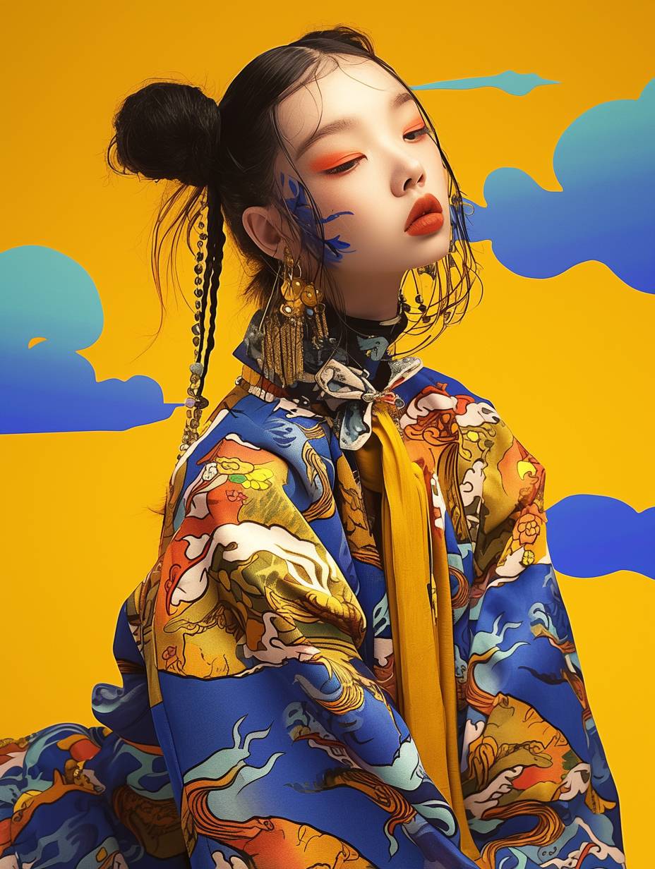 Shot by Hasselblad, business photography, Chili, Half-length portrait, Chinese Tang dynasty Clothing, Dream of Rainbow Colors, Fashion geometric surrealism