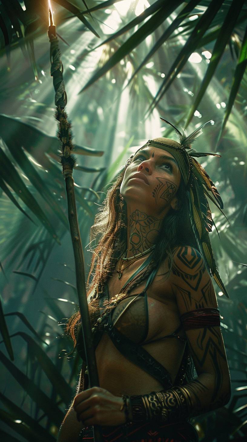 A realistic cinematic poster depicting a fierce Amazonian warrior with intricate tribal tattoos and a spear with glowing tips. She stands tall in a dense jungle, with beams of sunlight piercing through the canopy. The low angle shot captures detailed facial features and a dynamic pose, while the high resolution poster features cinematic lighting and vibrant colors. Cinematic film poster --ar 9:16 --v 6.0