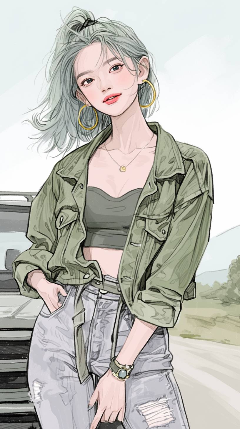 Dragon Ball Super character Bulma, in the style of Hajime Sorayama, textured surface layers, gold and emerald, dynamic outdoor shots, realist detail, expansive skies --ar 9:16 --style raw --sref 3619696030 --niji 6