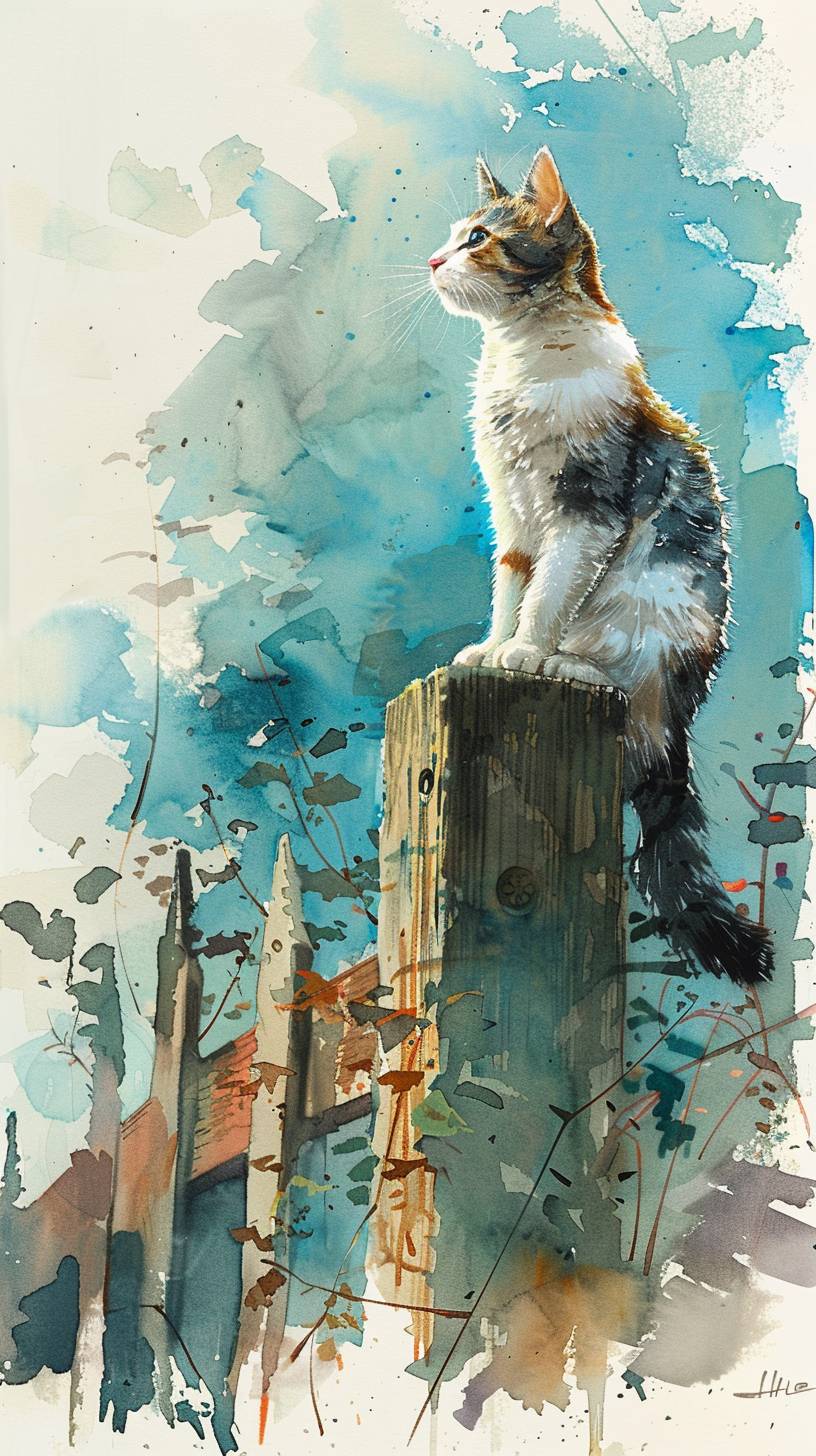 Cat, full body, realistic, walking on the fence, blue sky, Japanese style fantasy, pale watercolor, bright image, Yoshitaka Amano, minimalist