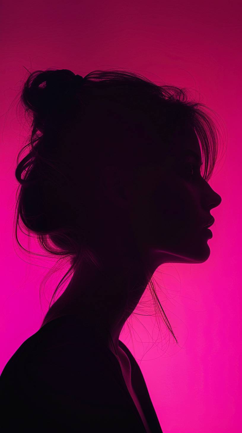 Photography, portrait of contrast, profile silhouette of a woman, vibrant hot pink backdrop, visualize using a camera setup that mimics a large aperture, focusing solely on the silhouette's edge, while a low ISO maintains the richness of color without grain, photorealistic, UHD