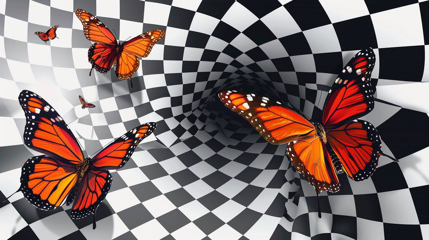 Butterflies flying in the air, a patterned optical illusion background mural in the style of black and white checkered design with bright orange butterflies