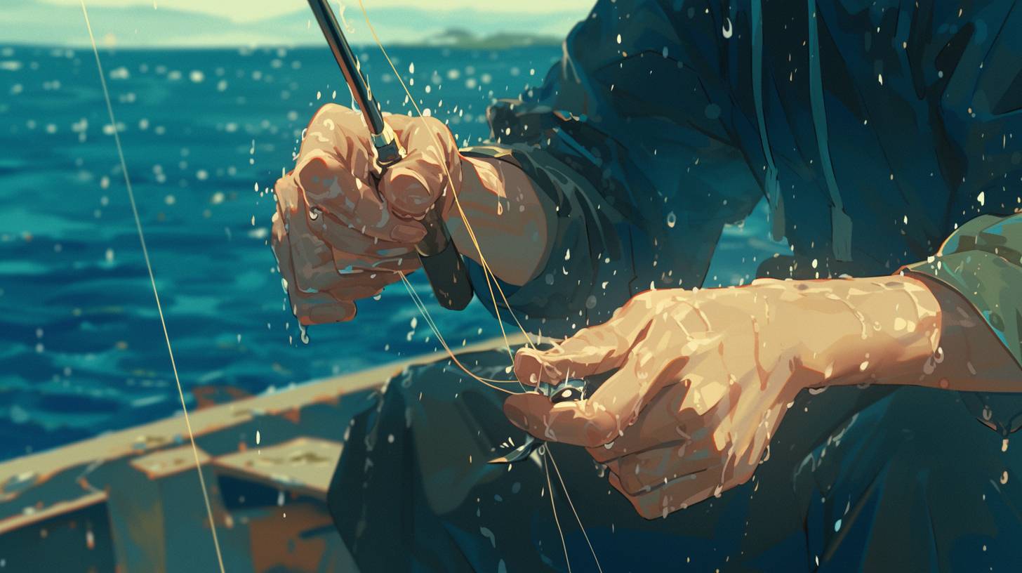 A close-up of a fisherman’s hands tying a lure under a drizzly sky, the raindrops hitting the surface of the lake around his boat, focusing on the tactile interaction of fingers, water, and fishing line, in the style of Makoto Shinkai --Rainbow 6--Aspect Ratio 16:9
