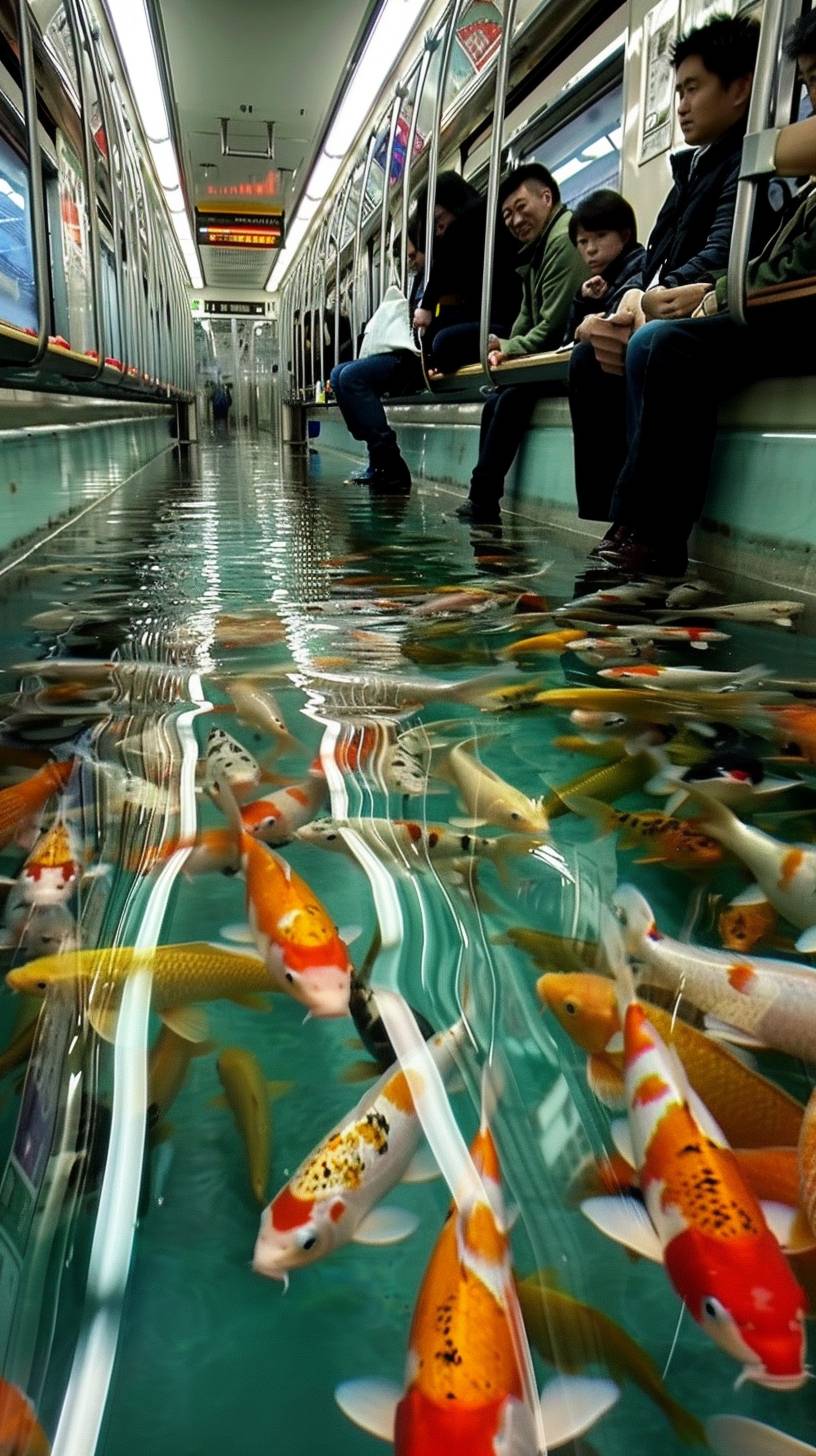 A metro train in Japan, slightly filled with water and adorned with graceful koi fish swimming. People stand on the benches, cautious and afraid of getting wet, as this surreal fusion of urban transport and underwater beauty creates an unexpected and intriguing scene. The contrast between the hesitant passengers and the serene aquatic environment adds a whimsical touch to this imaginative scenario.