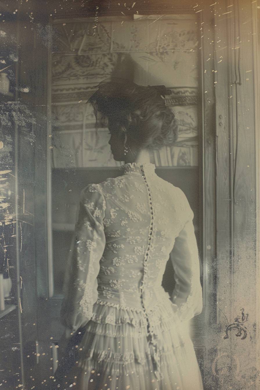 A Victorian photograph of a fashionable woman, eerie, ethereal, liminal, dreamcore