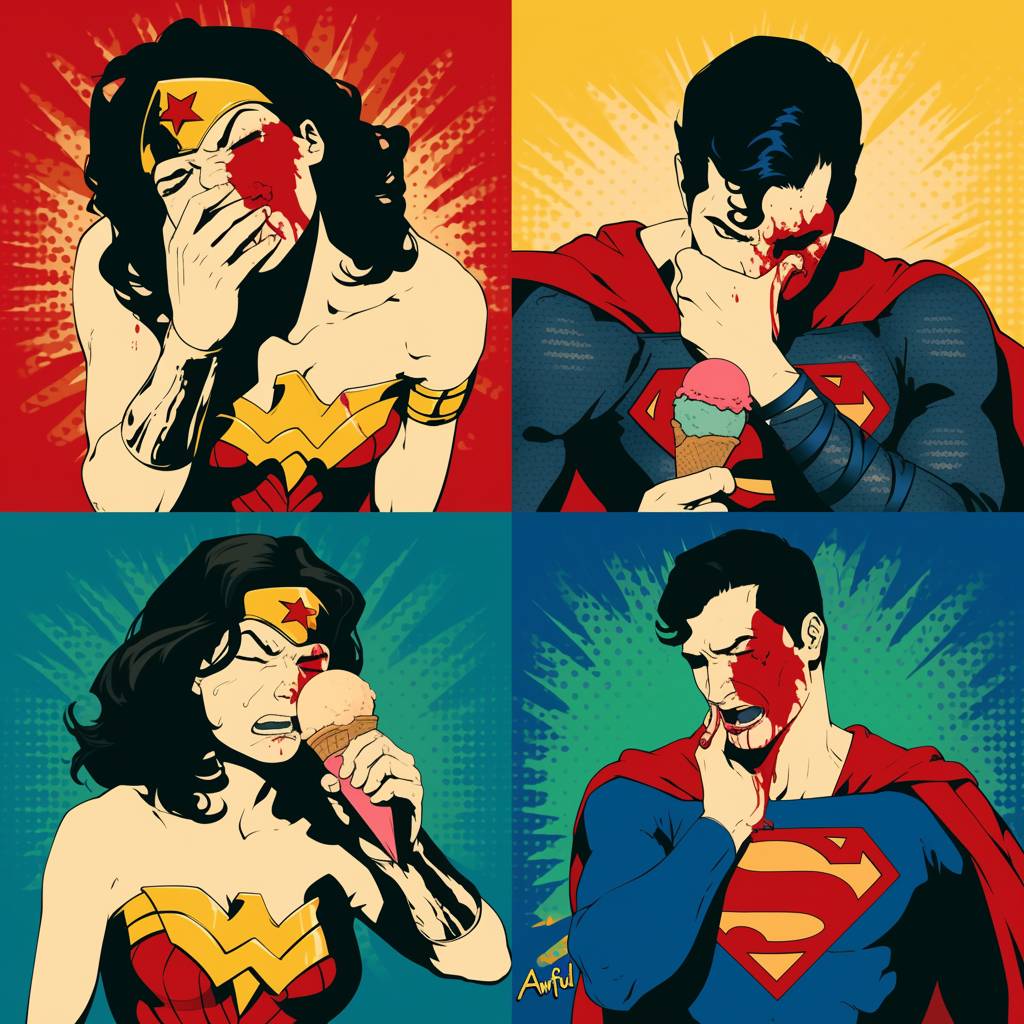 A series of four pop art posters featuring iconic superheroes in various emotional states and the text 'Awful', including Wonder Woman with her hand covering her face, Captain America's face covered in red paint splattered across his helmet, The Flash crying with an ice cream cone, Superman crying bitterly, all set against contrasting backgrounds that highlight their expressions and symbols. This composition captures different emotions while maintaining a comic book style.