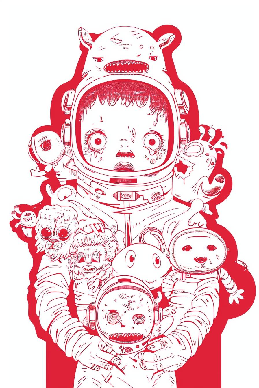 A manga-style illustration of an Astronaut with multiple eyes and mouths, surrounded by 6 cute creatures. The background is white, creating contrast against the red outlines. Simple lines are used to capture her expressions and textures in detail. The illustration is in the style of multiple artists. flat illustration, minimalist, white and red palette, cute style.
